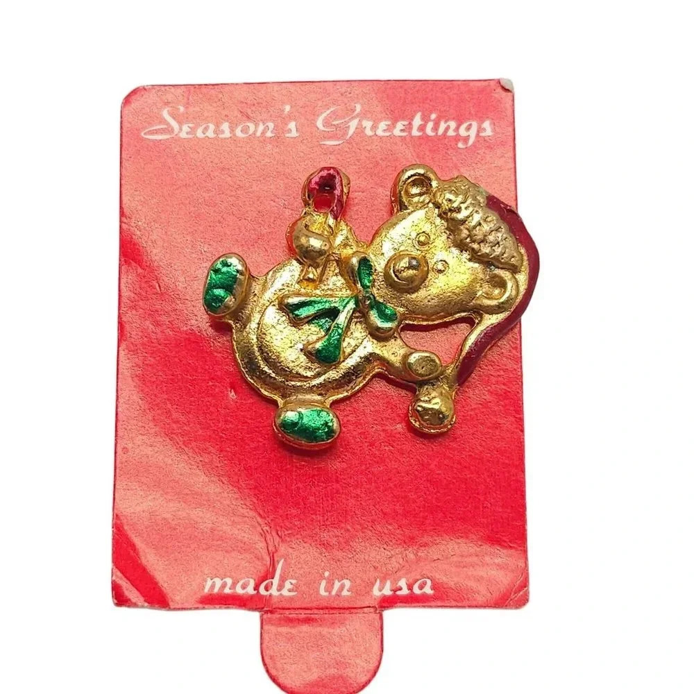 Season's Greetings Green Red Enamel Candy Cane Bow Teddy Bear Brooch Pin Vintage